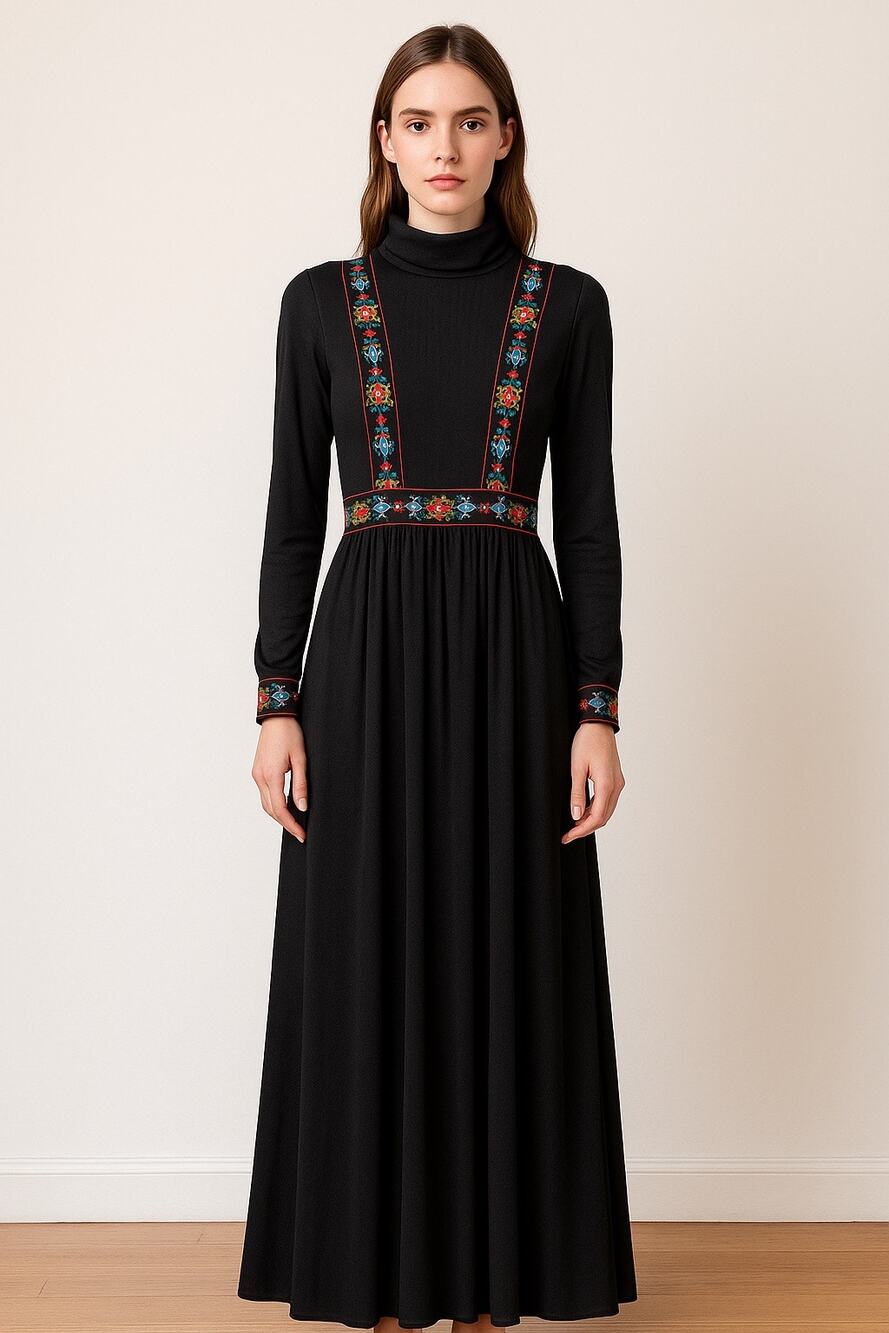 1970s Domino Fashions Black Maxi Dress with Folk Embroidered Trim USA made small